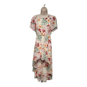 AUW Womans White Pink Floral High Low Off Shoulder Maxi Dress Size Small